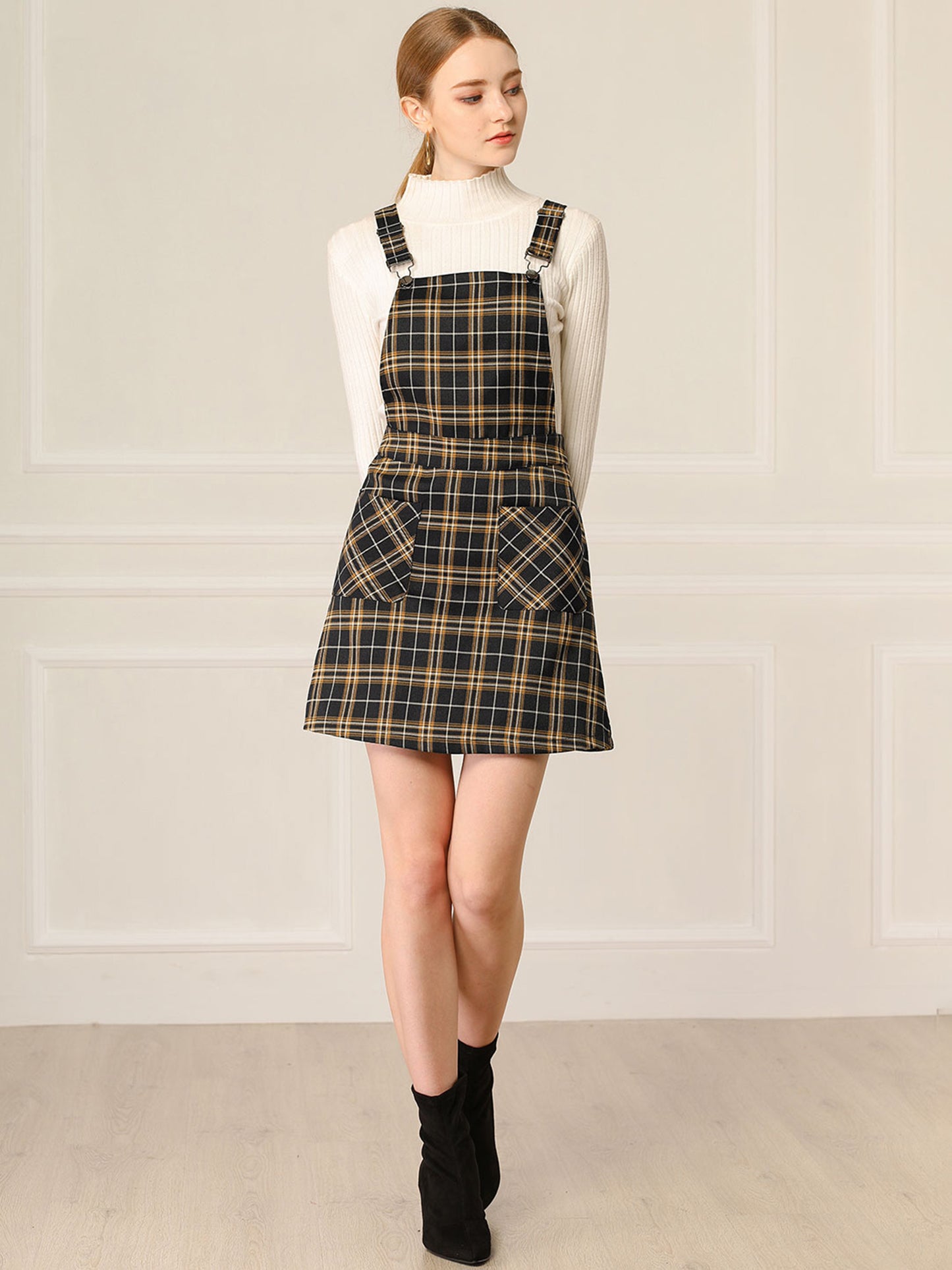 Women's Adjustable Strap Above Knee Plaid Printed Overall Dress Suspender Skirt