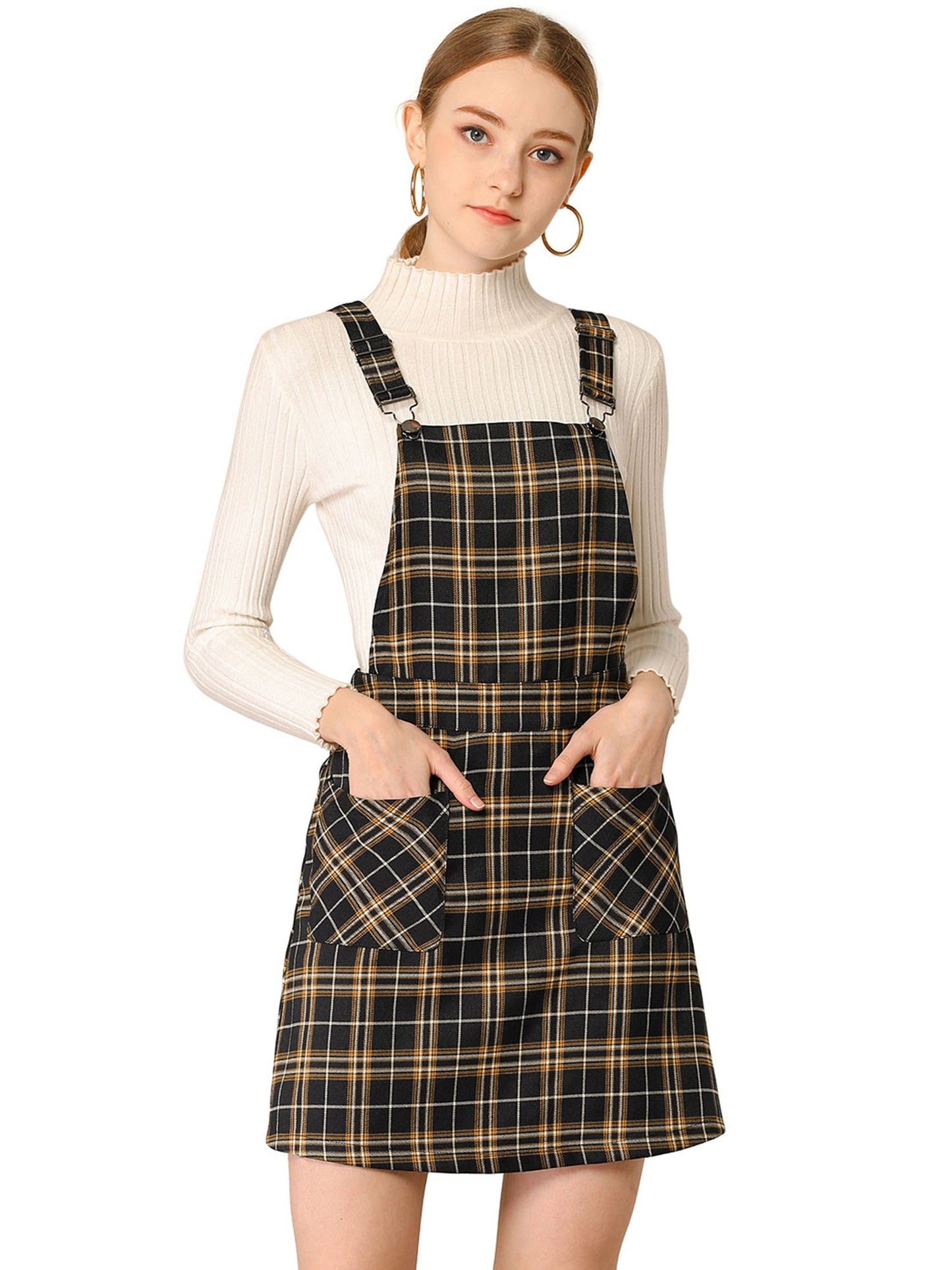 Women's Adjustable Strap Above Knee Plaid Printed Overall Dress Suspender Skirt