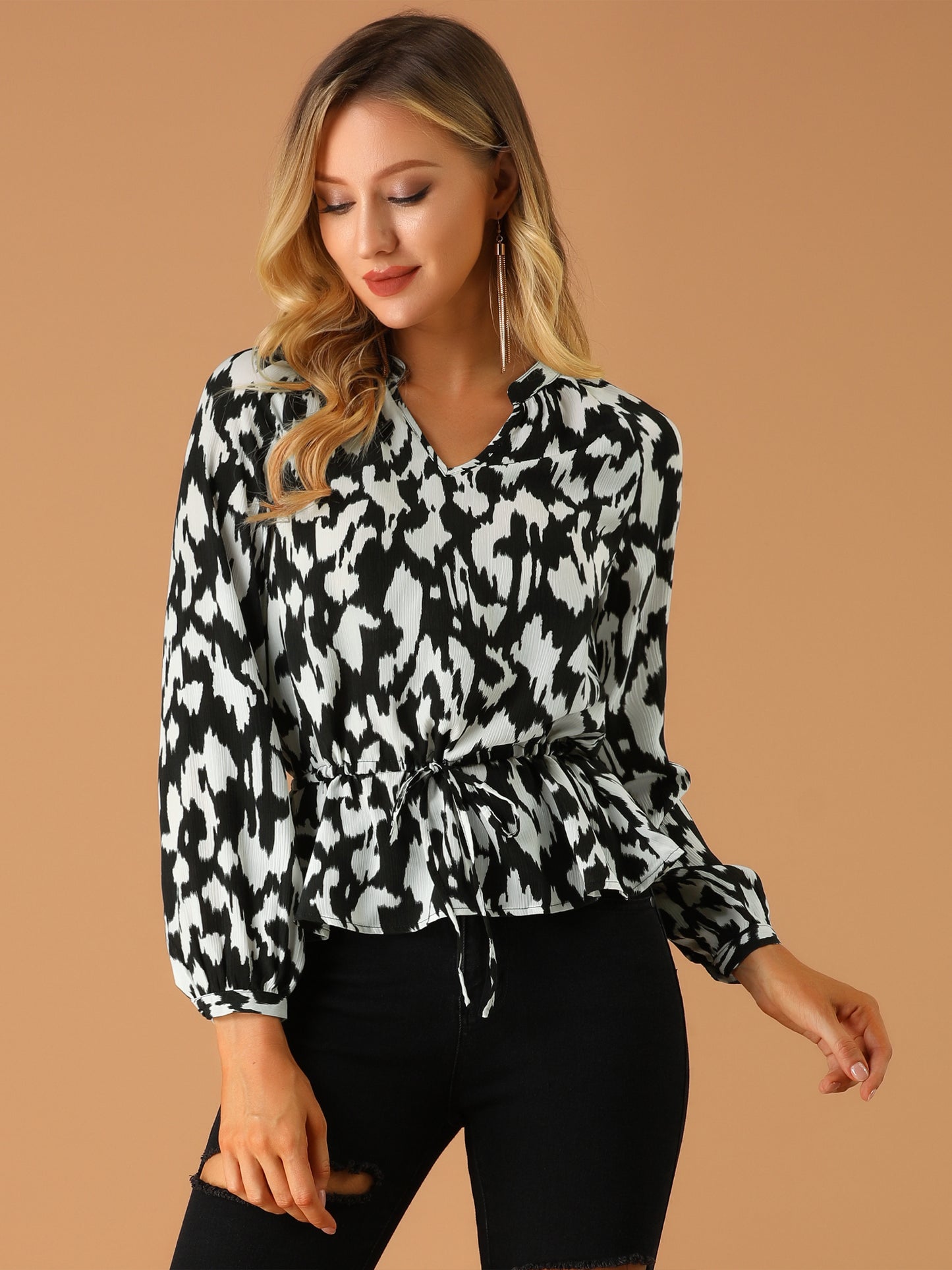 Women's Peplum Top Long Sleeve Print Blouse