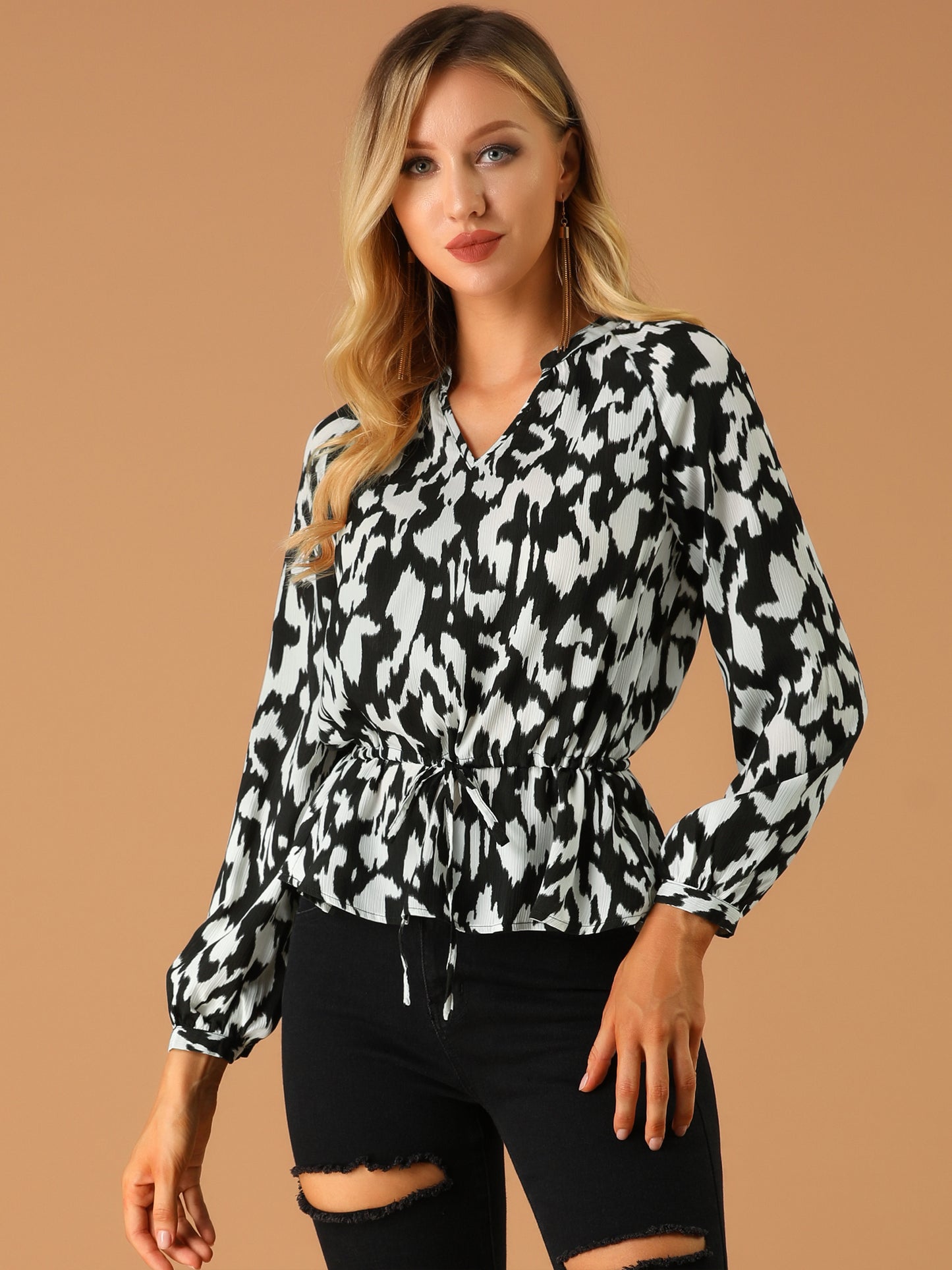 Women's Peplum Top Long Sleeve Print Blouse