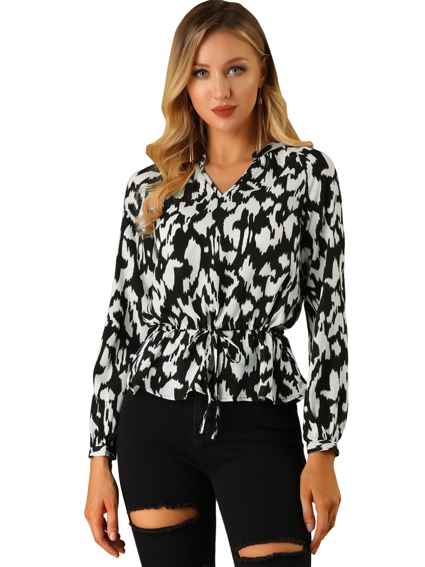 Women's Peplum Top Long Sleeve Print Blouse