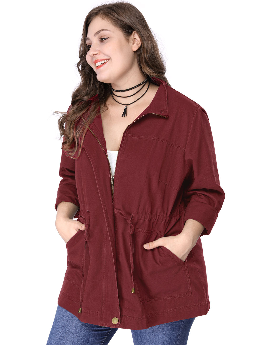 Women's Plus Size Jackets Lightweight Anorak Drawstring Utility Jacket with Pockets