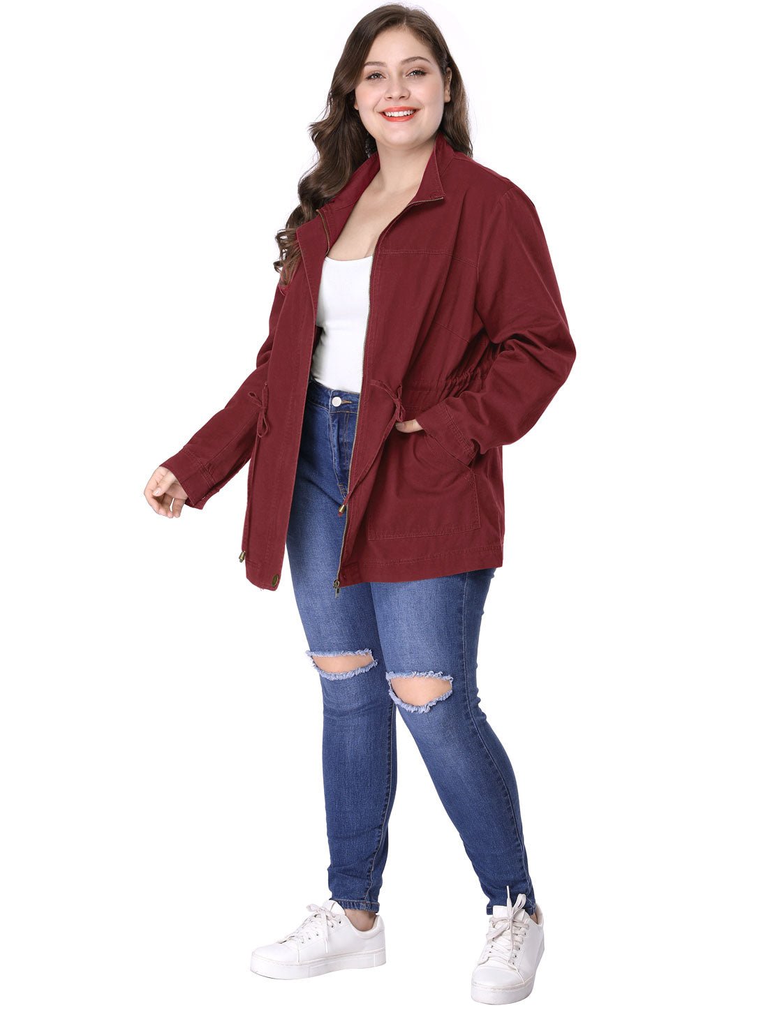 Women's Plus Size Jackets Lightweight Anorak Drawstring Utility Jacket with Pockets