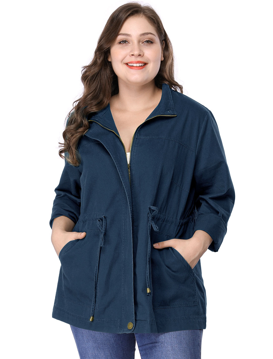 Women's Plus Size Jackets Lightweight Anorak Drawstring Utility Jacket with Pockets