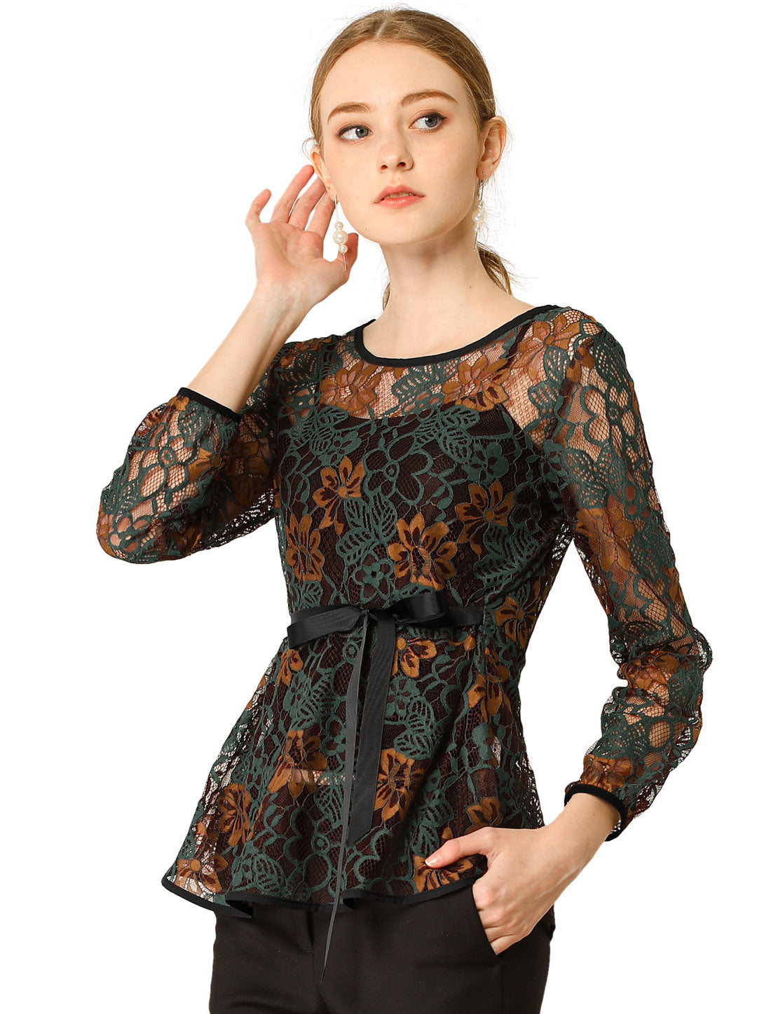 Women's Elegant Tie Waist Long Sleeve Top Lace Peplum Blouse (Available in Plus Size)