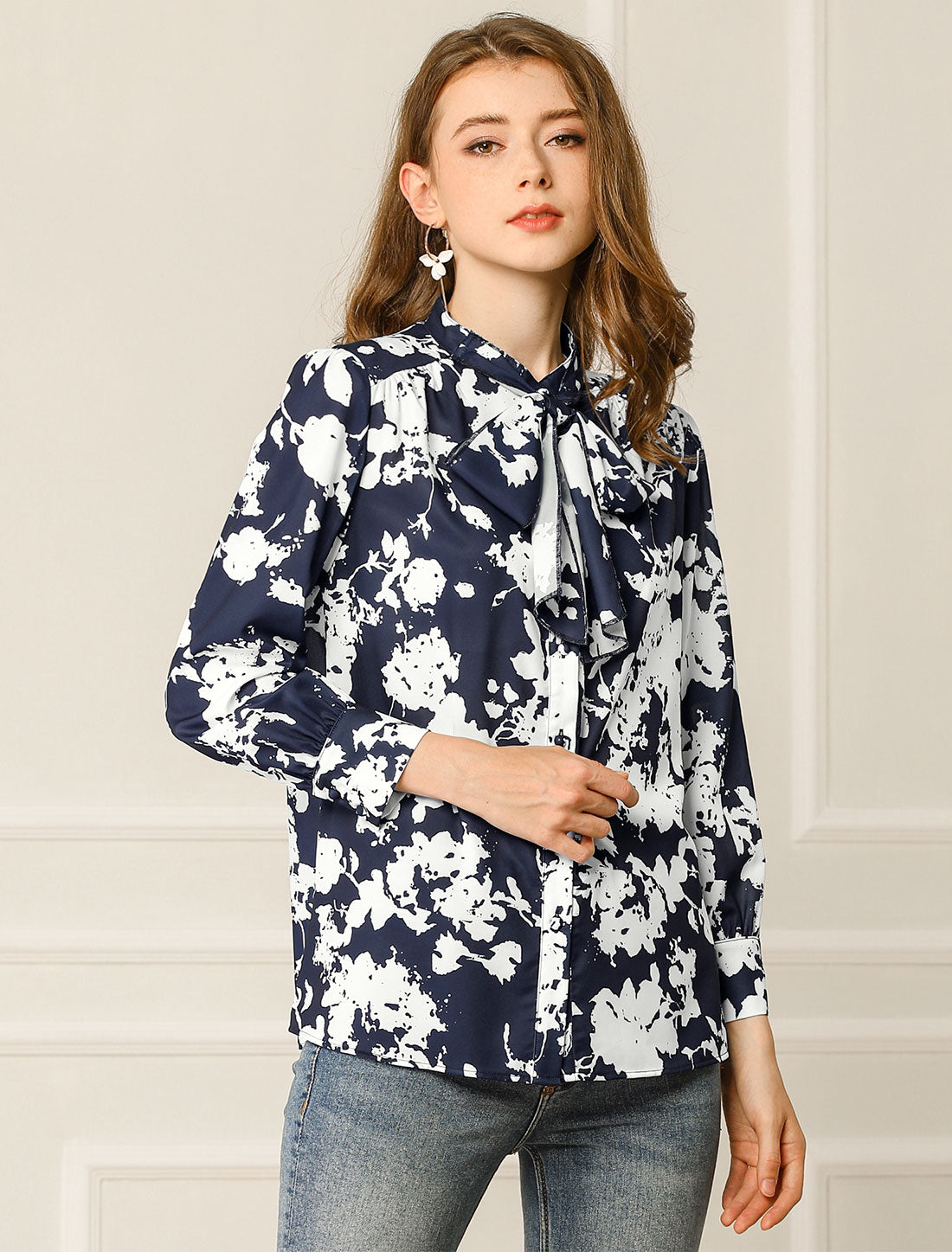 Women's Bow Tie Long Sleeve Floral Blouse