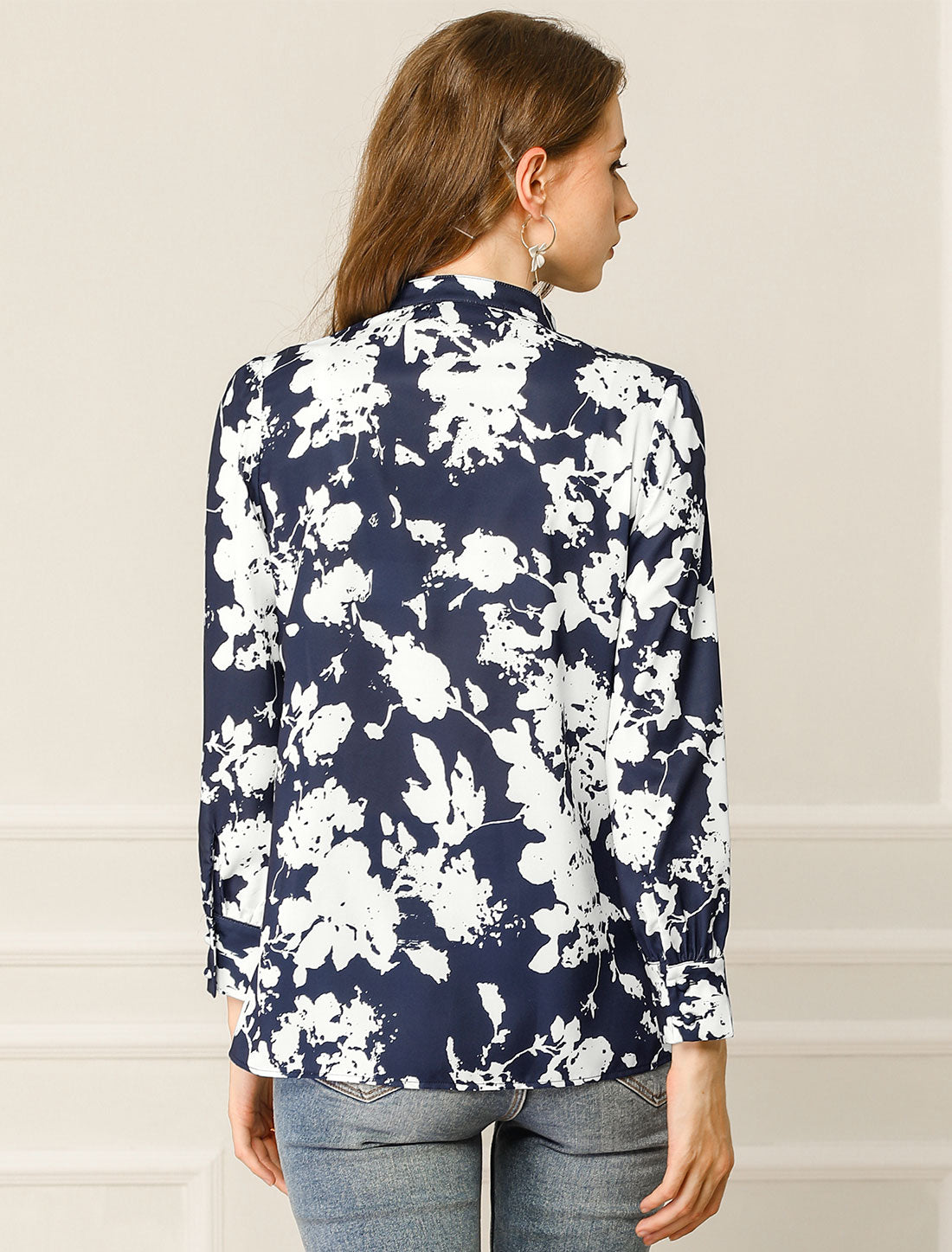 Women's Bow Tie Long Sleeve Floral Blouse