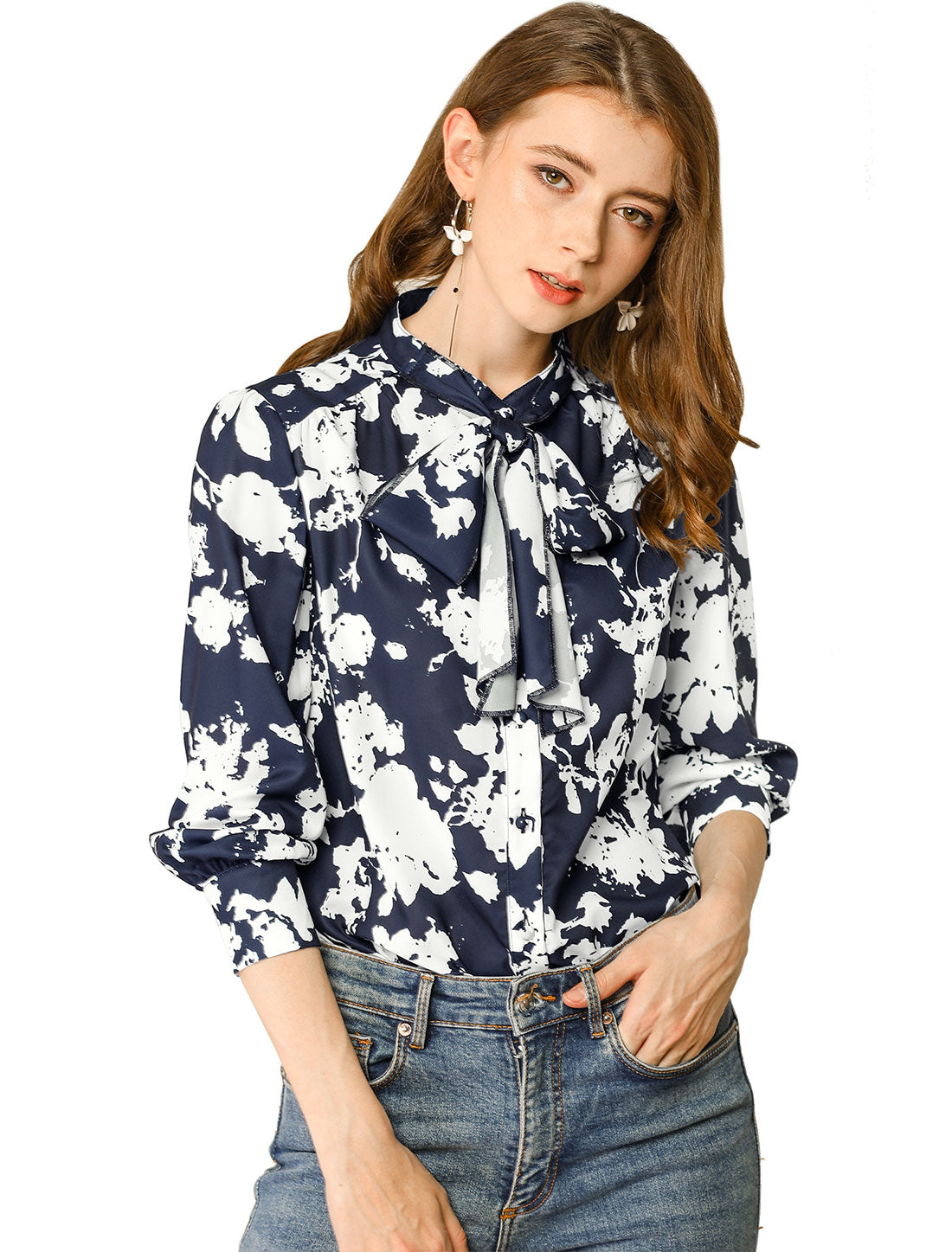 Women's Bow Tie Long Sleeve Floral Blouse