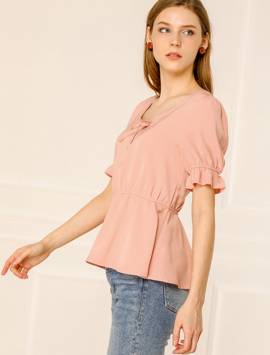 Women's Peplum Top Elastic Waist Scoop Neck Short Puff Sleeve Blouse