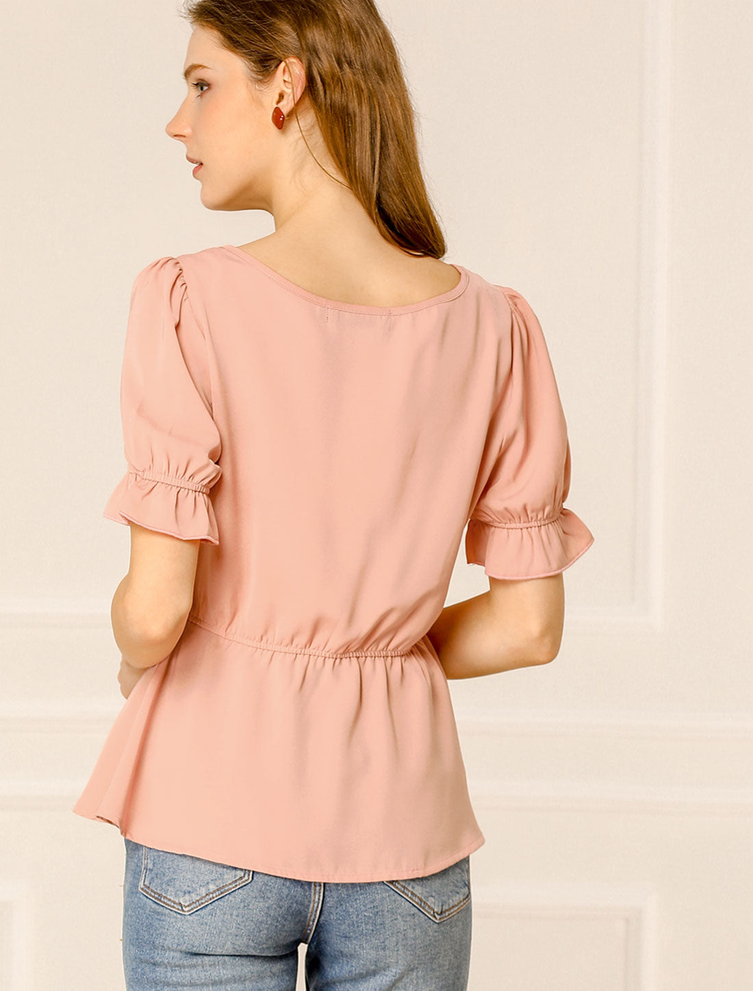Women's Peplum Top Elastic Waist Scoop Neck Short Puff Sleeve Blouse