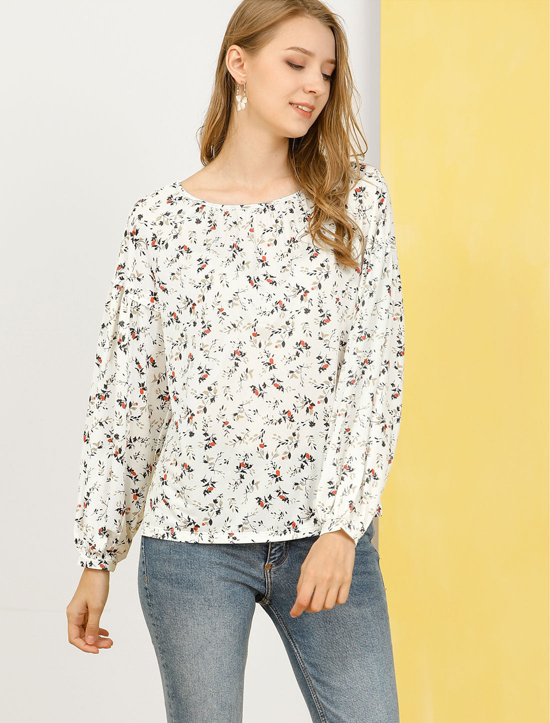 Women's Floral Bishop Long Sleeves Round Neck Casual Blouse Top