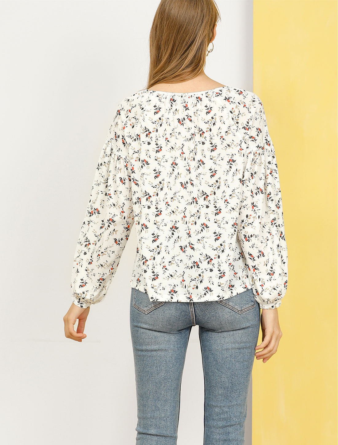 Women's Floral Bishop Long Sleeves Round Neck Casual Blouse Top