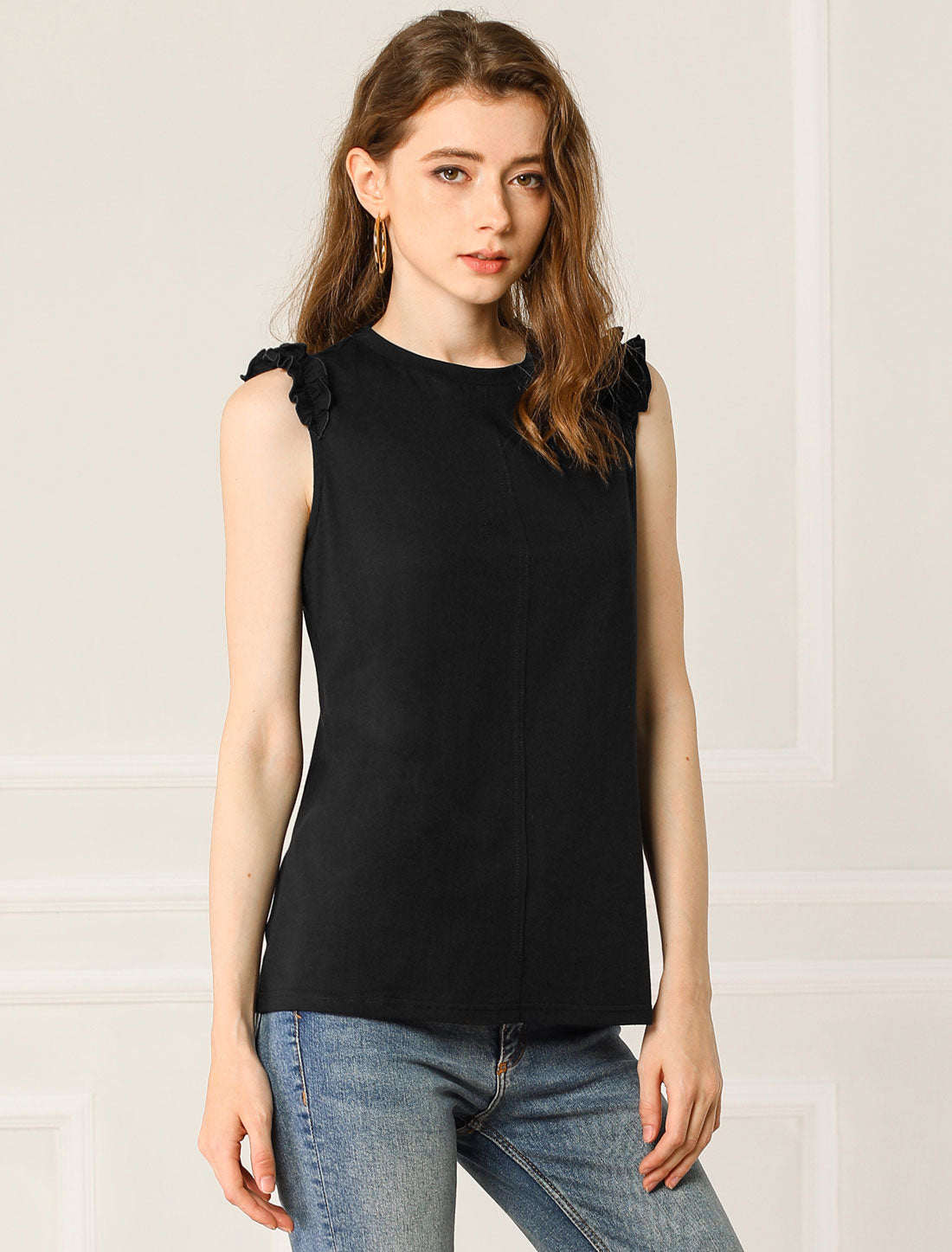 Women's Ruffle Trim Casual Tank Top Sleeveless Cotton Vest