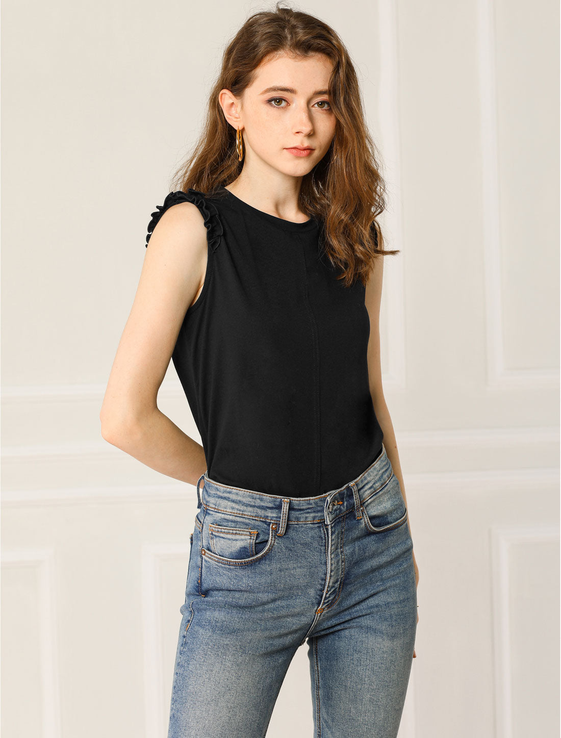 Women's Ruffle Trim Casual Tank Top Sleeveless Cotton Vest