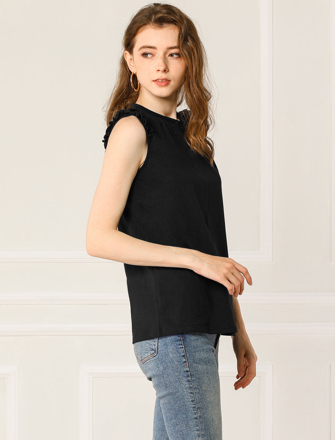 Women's Ruffle Trim Casual Tank Top Sleeveless Cotton Vest