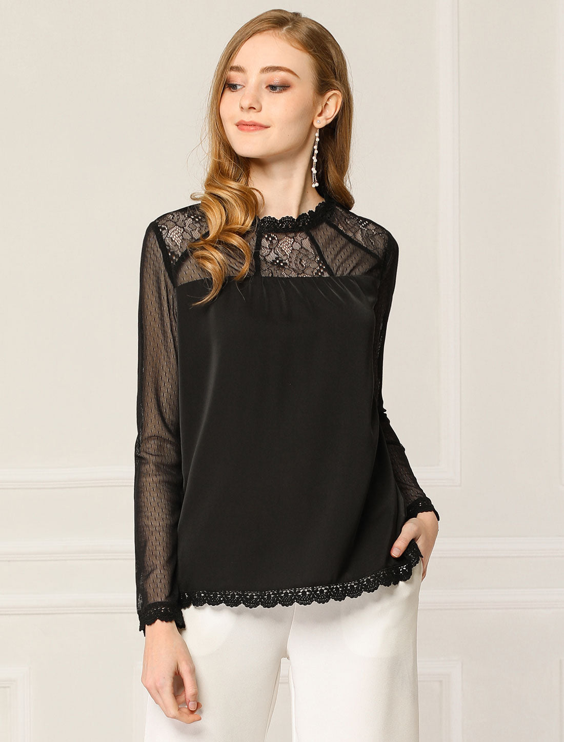 Women's Chiffon Top Elegant Sheer Mesh Lace Long Sleeve Blouse (Available in Plus Size)