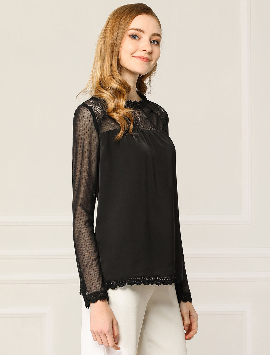 Women's Chiffon Top Elegant Sheer Mesh Lace Long Sleeve Blouse (Available in Plus Size)