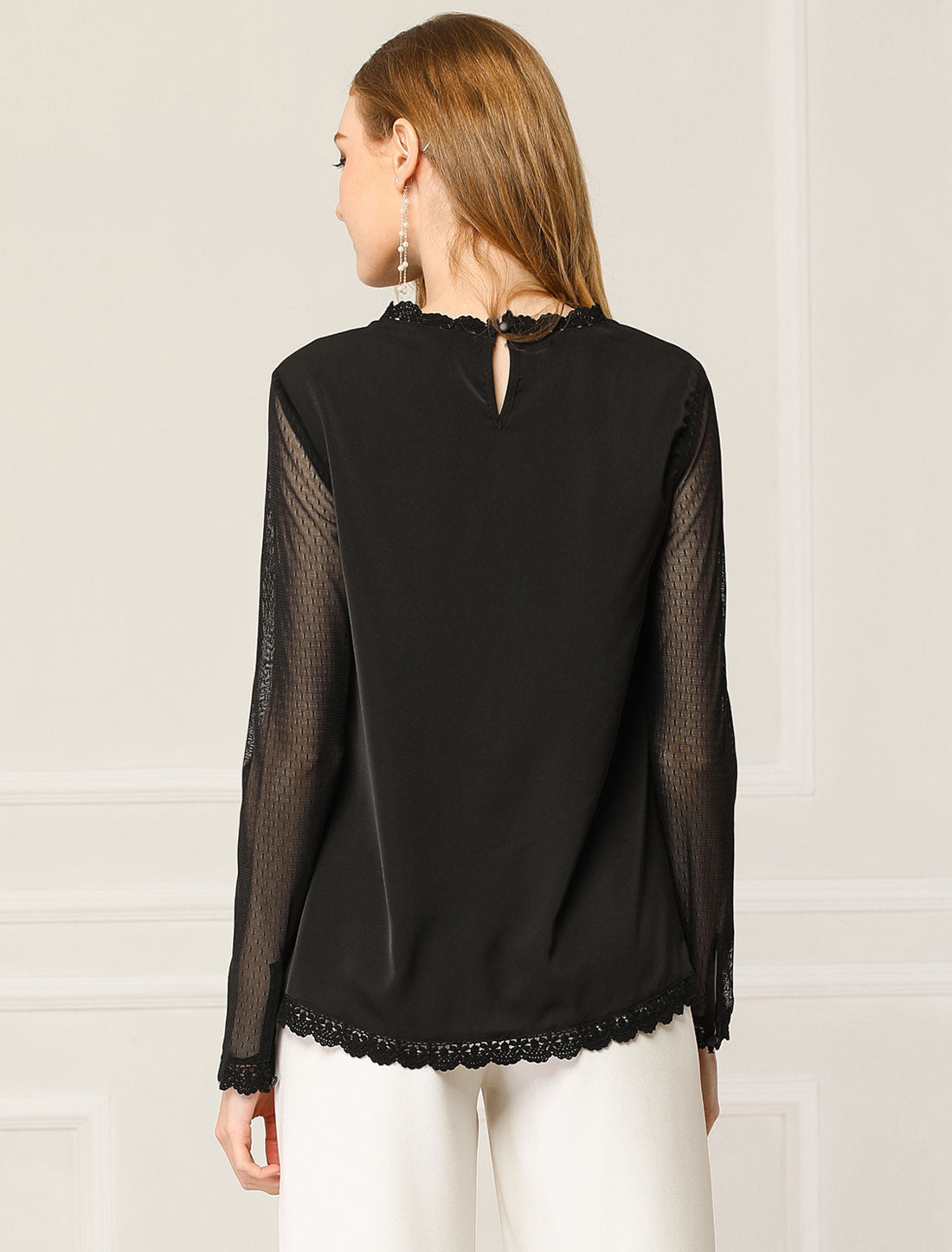 Women's Chiffon Top Elegant Sheer Mesh Lace Long Sleeve Blouse (Available in Plus Size)