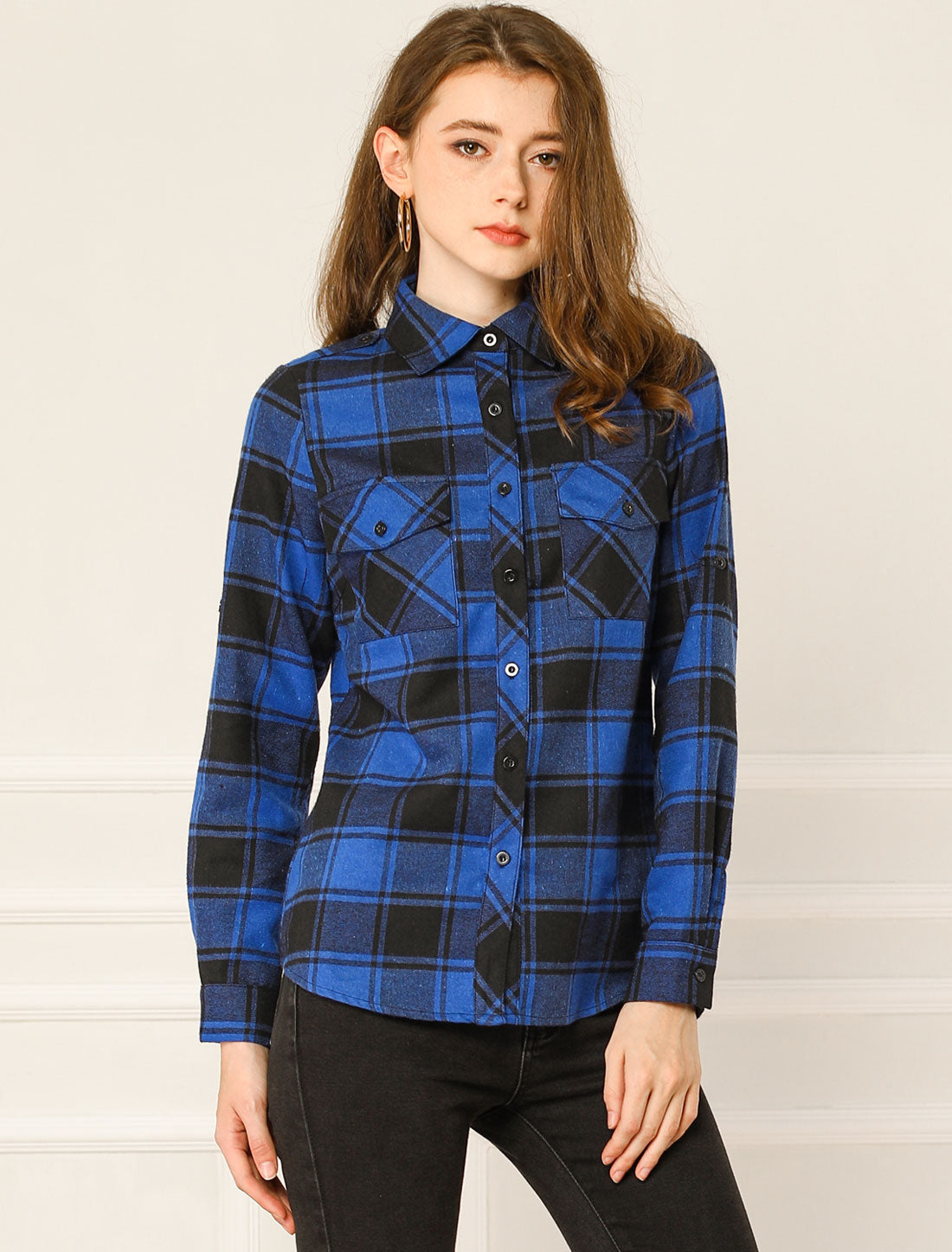 Women's Roll Up Long Sleeve Button Down Plaid Flannel Shirt