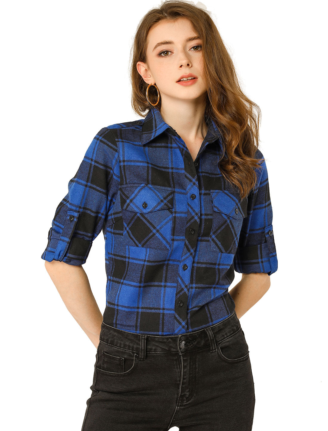 Women's Roll Up Long Sleeve Button Down Plaid Flannel Shirt