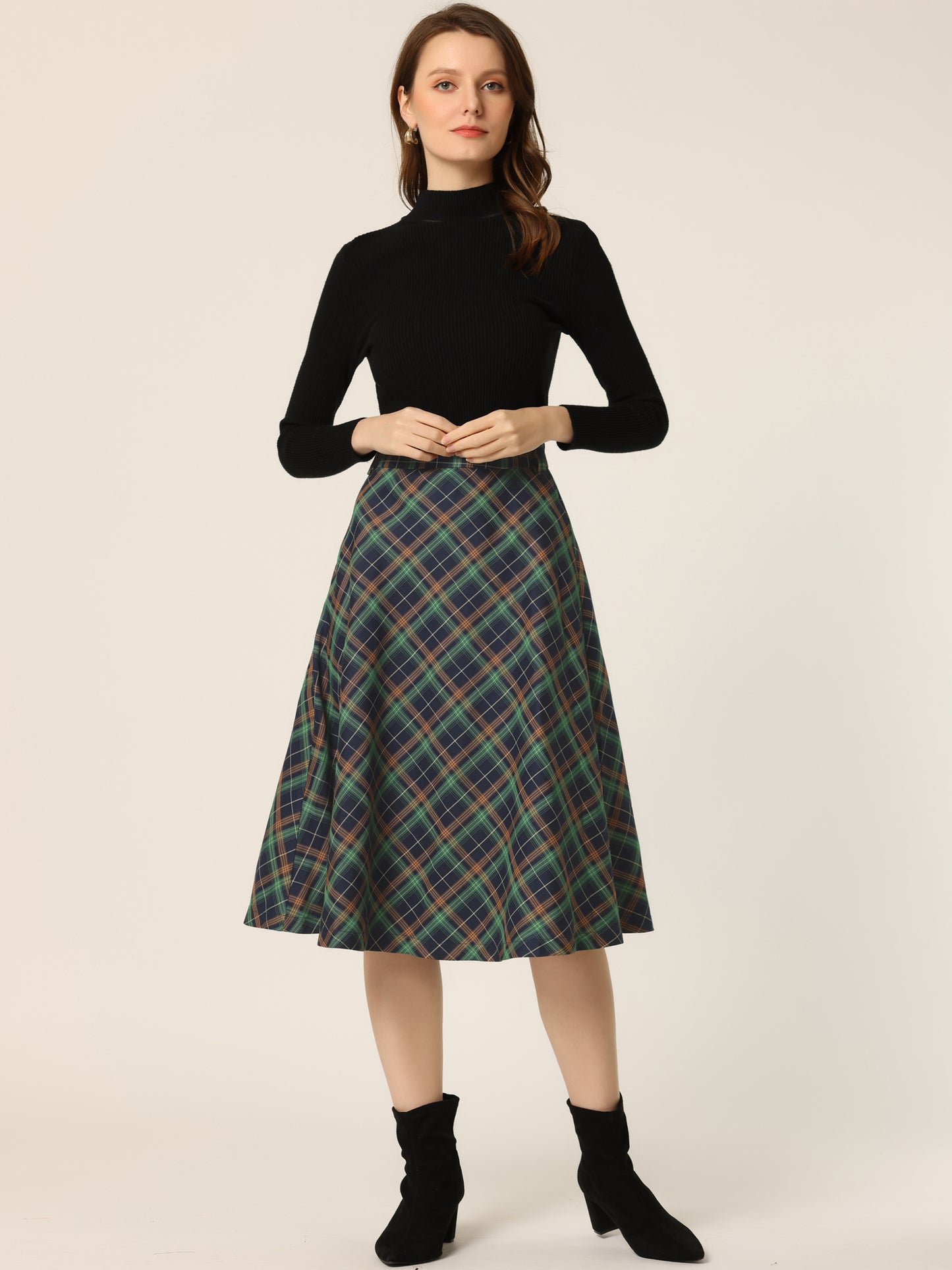 Women's Tartan Plaid High Waist Belted Vintage A-Line Midi Skirt (Available in Plus Size)