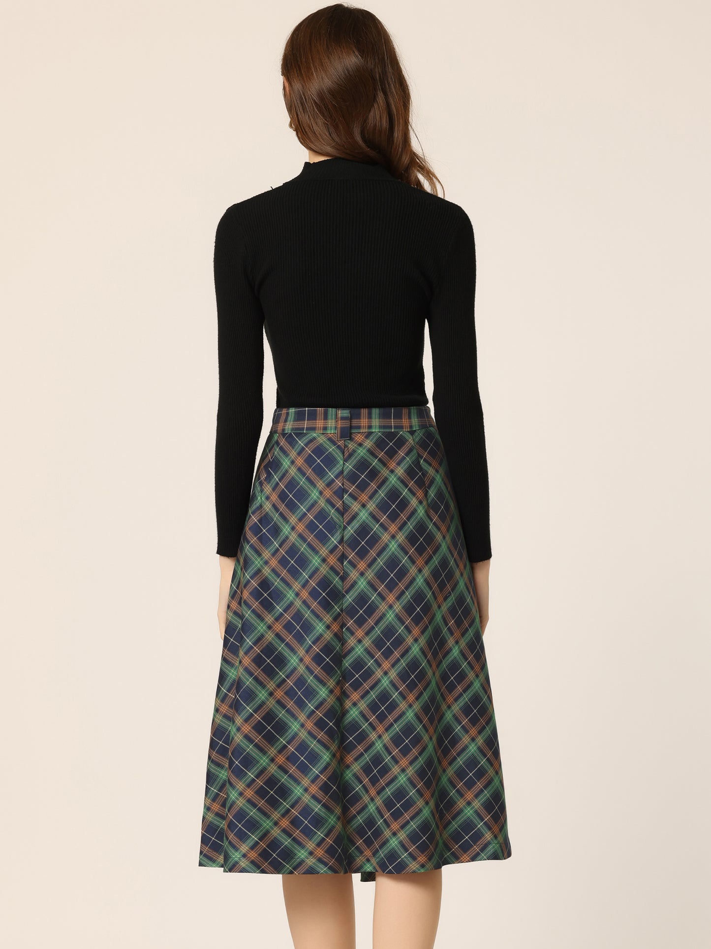 Women's Tartan Plaid High Waist Belted Vintage A-Line Midi Skirt (Available in Plus Size)