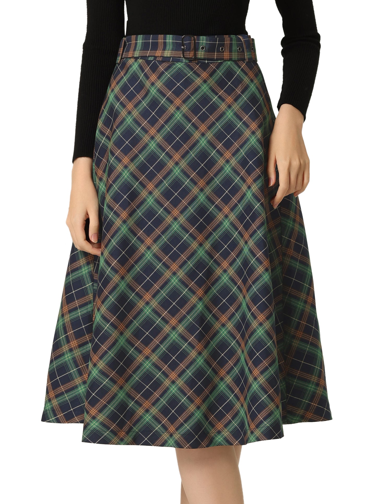 Women's Tartan Plaid High Waist Belted Vintage A-Line Midi Skirt (Available in Plus Size)