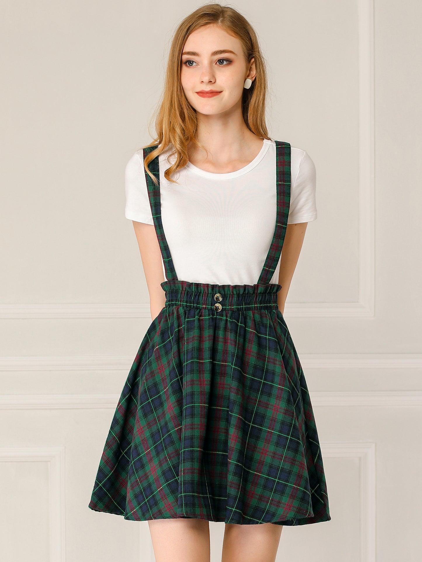 Women's Tartan Plaid Button Decor Flare Skater Suspender Skirt