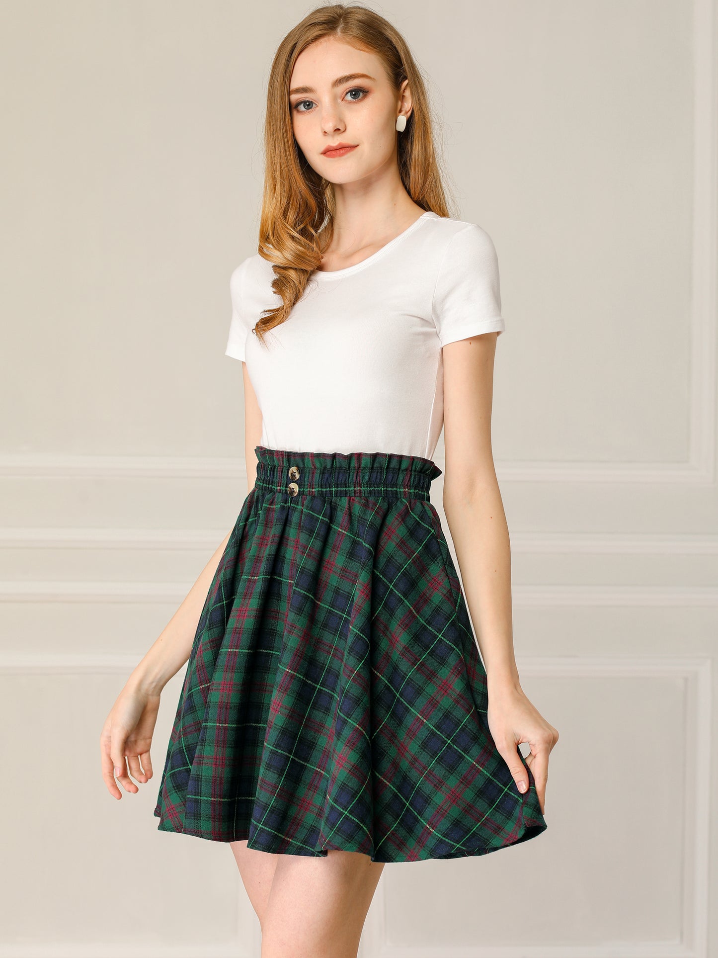 Women's Tartan Plaid Button Decor Flare Skater Suspender Skirt