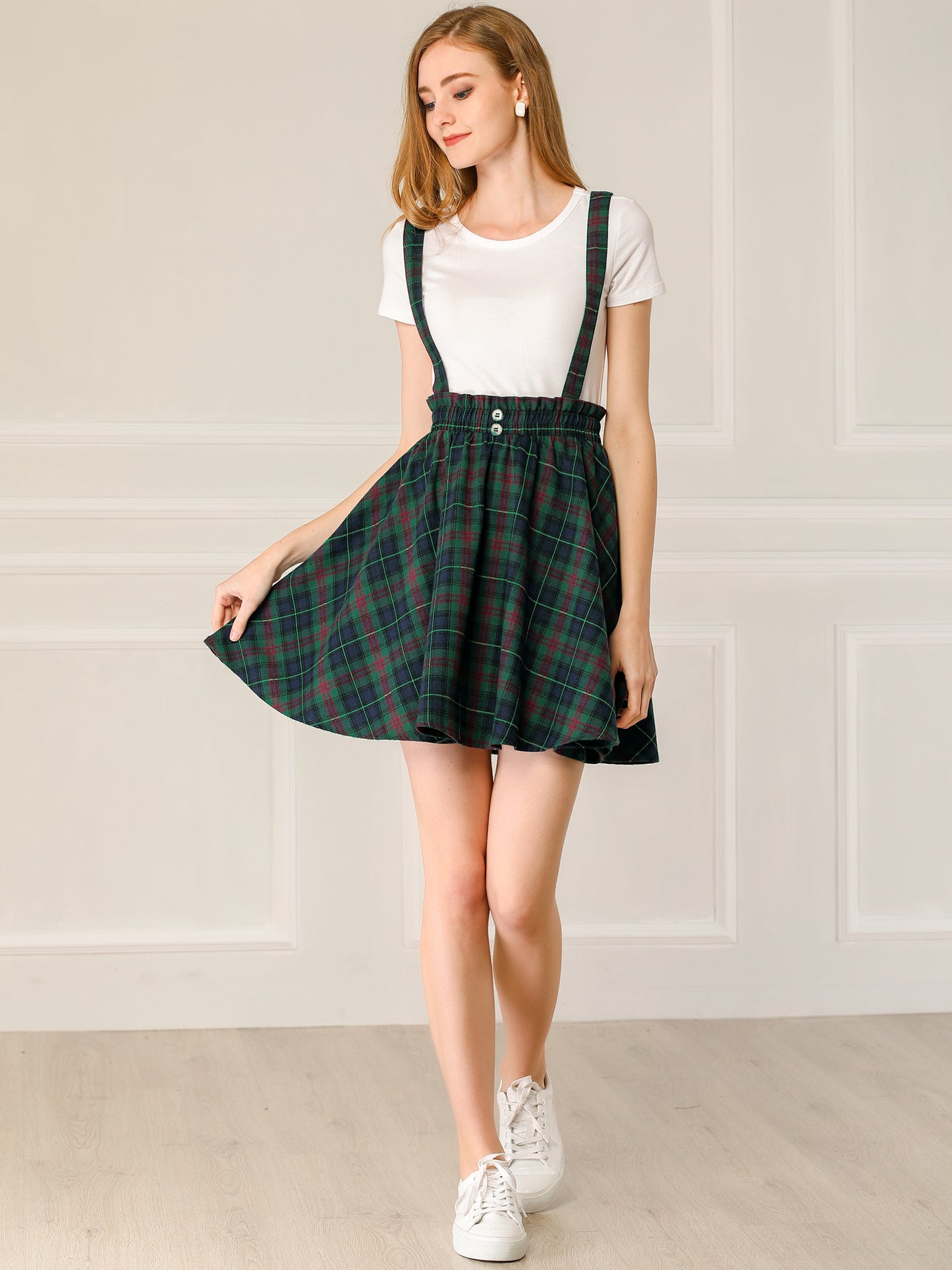 Women's Tartan Plaid Button Decor Flare Skater Suspender Skirt