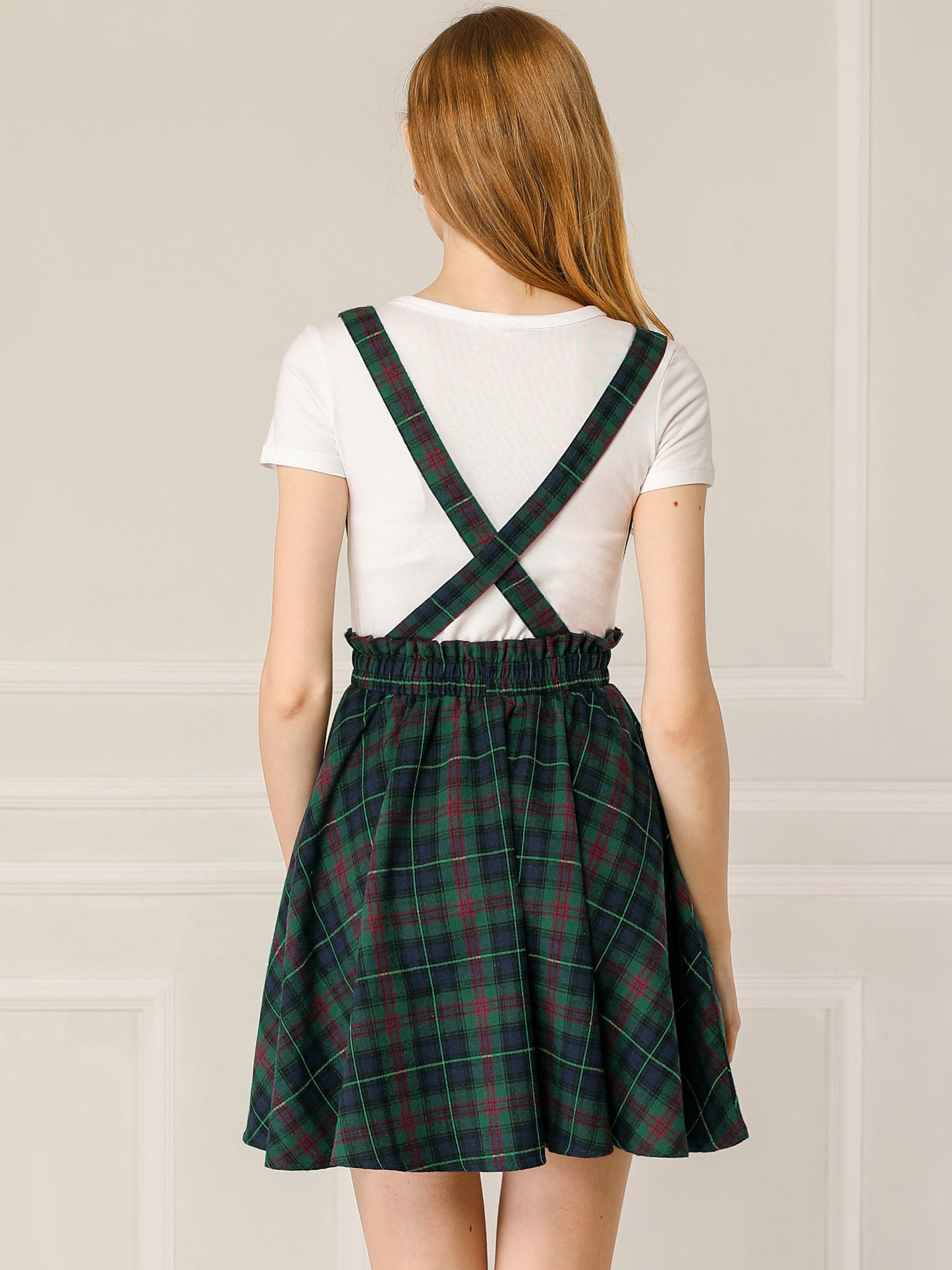 Women's Tartan Plaid Button Decor Flare Skater Suspender Skirt