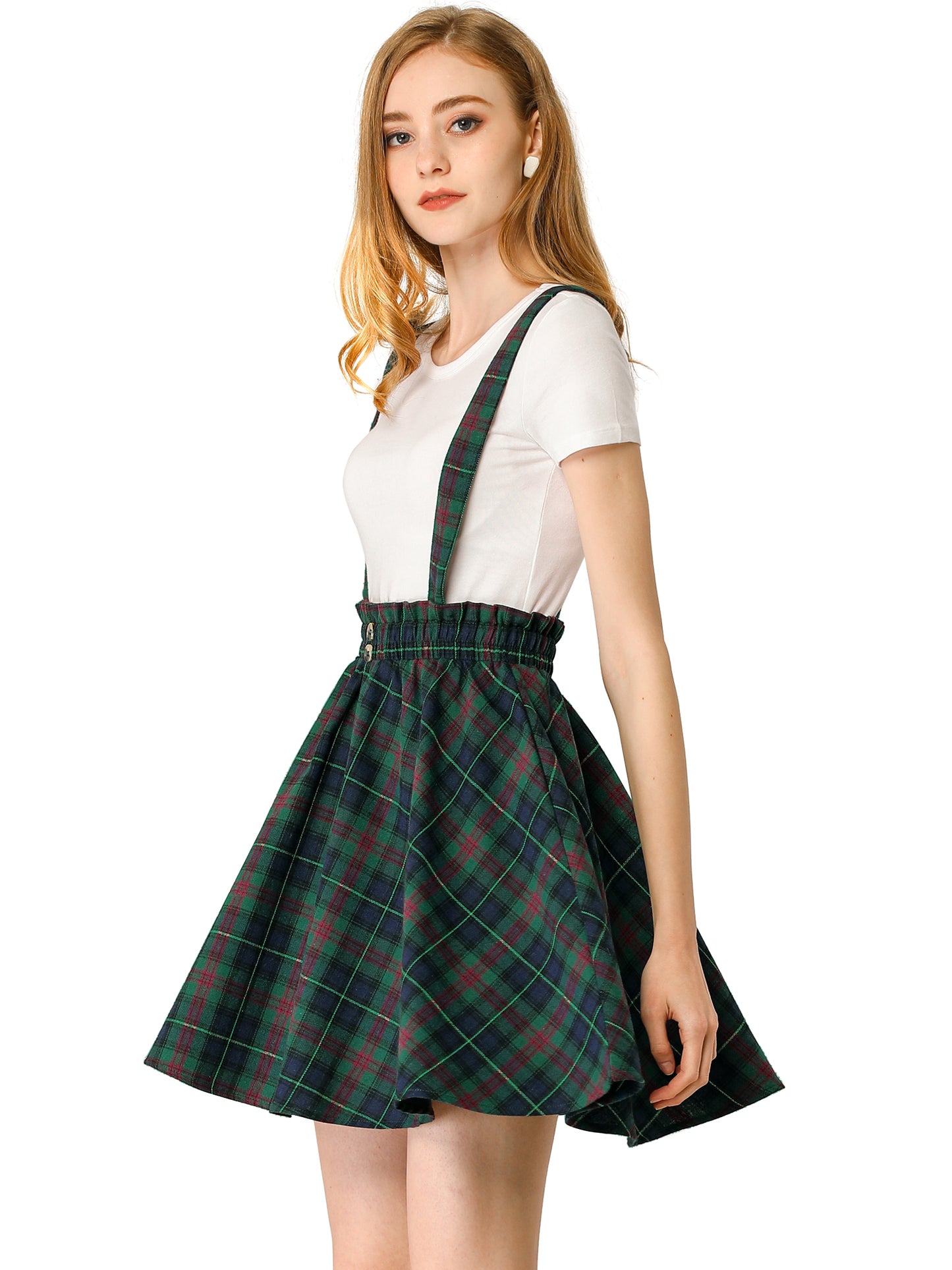Women's Tartan Plaid Button Decor Flare Skater Suspender Skirt