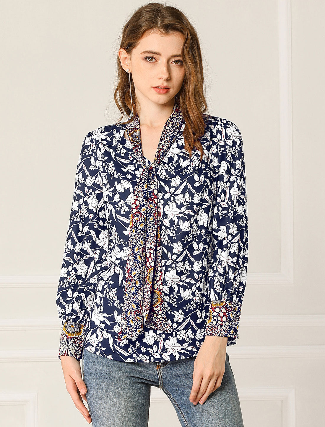 Women's Bow Tie Long Sleeve Floral Blouse