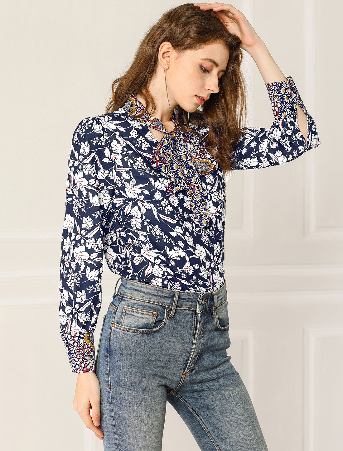 Women's Bow Tie Long Sleeve Floral Blouse