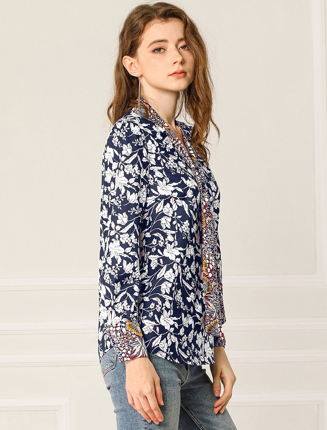 Women's Bow Tie Long Sleeve Floral Blouse