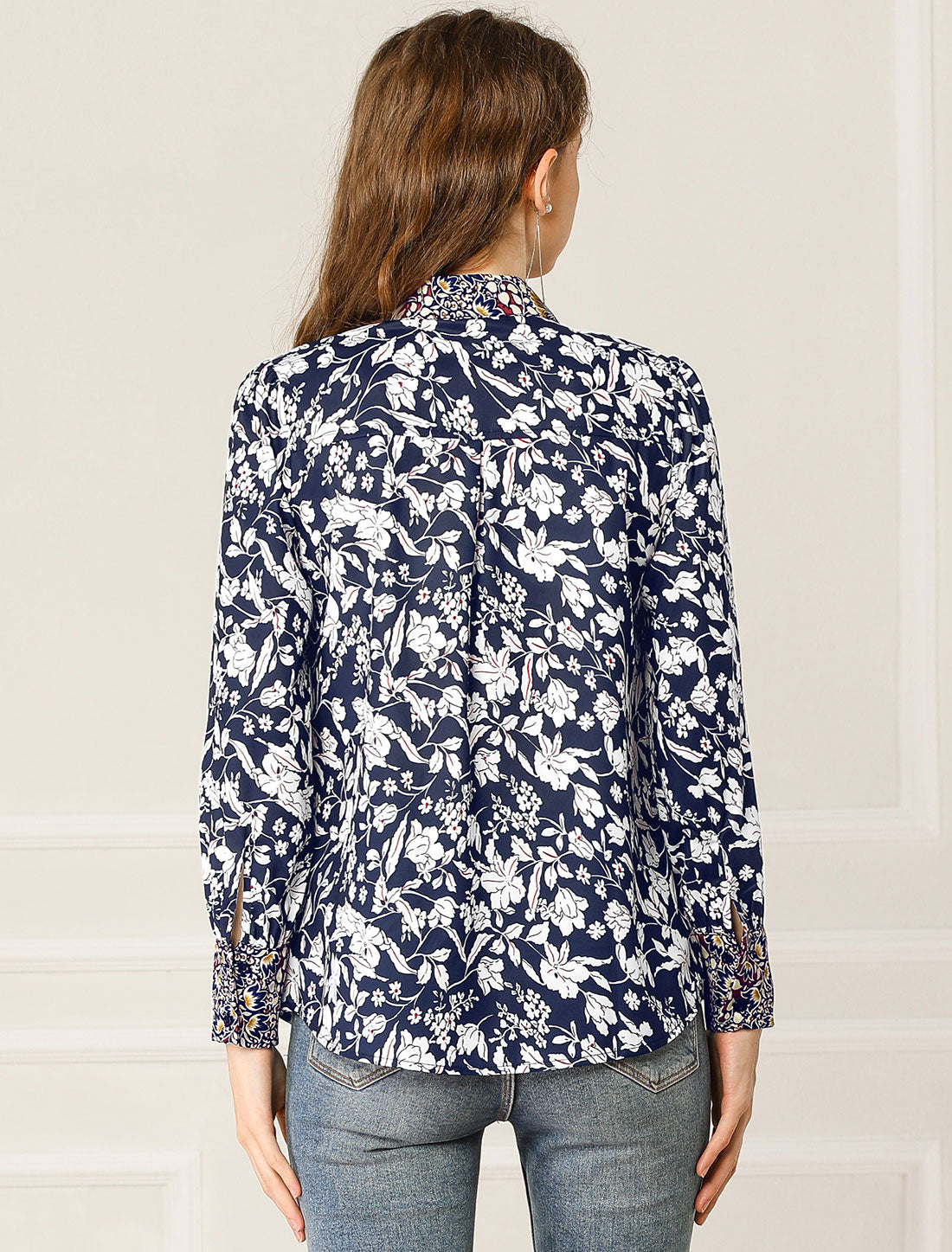 Women's Bow Tie Long Sleeve Floral Blouse