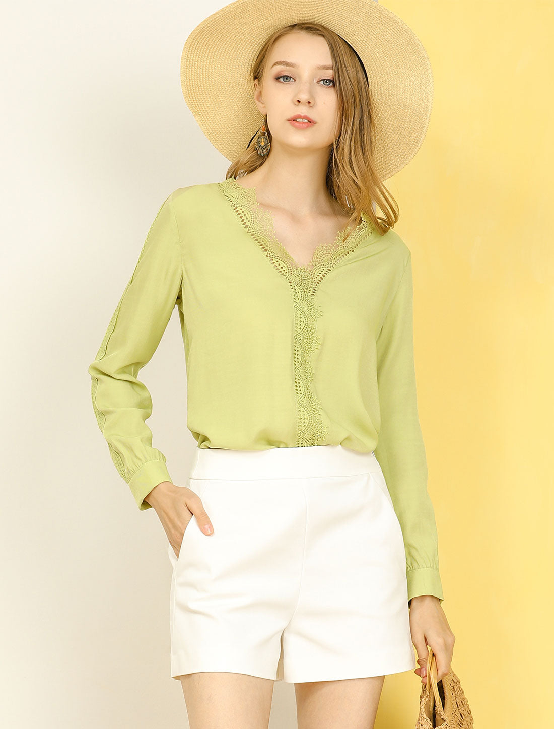 Women's V Neck Casual Sweet Patchwork Crochet Lace Blouse Top