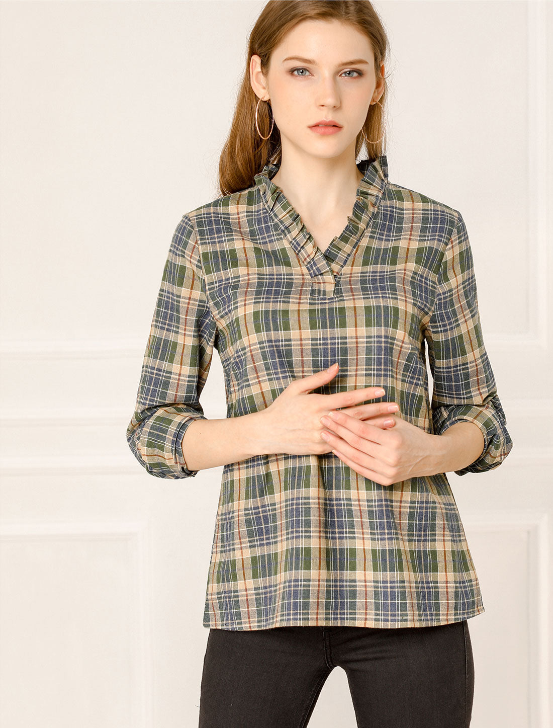 Women's Ruffle Collar Cotton Plaid Long Sleeve V Neck Blouse
