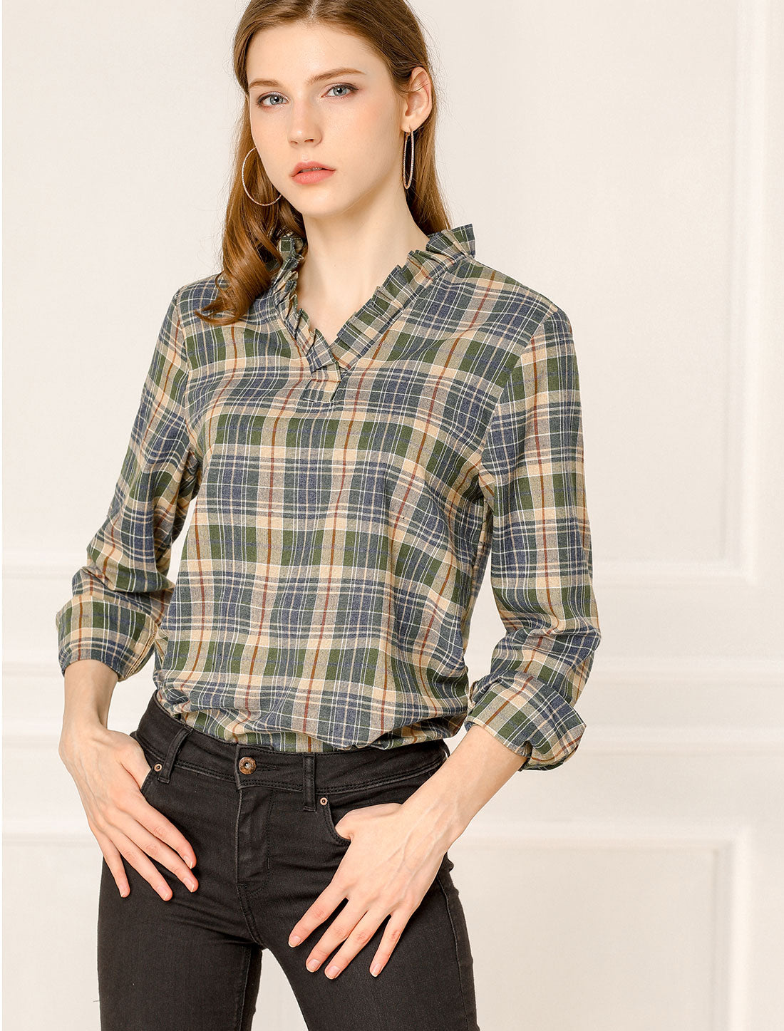 Women's Ruffle Collar Cotton Plaid Long Sleeve V Neck Blouse