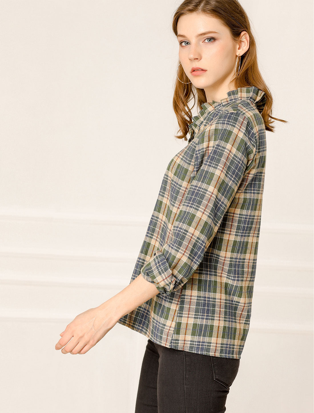 Women's Ruffle Collar Cotton Plaid Long Sleeve V Neck Blouse