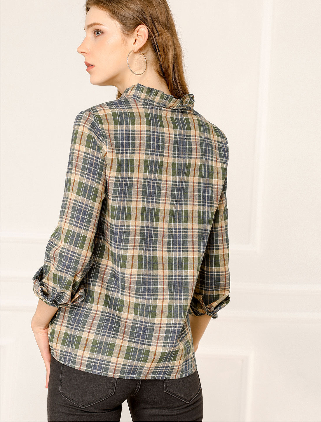 Women's Ruffle Collar Cotton Plaid Long Sleeve V Neck Blouse