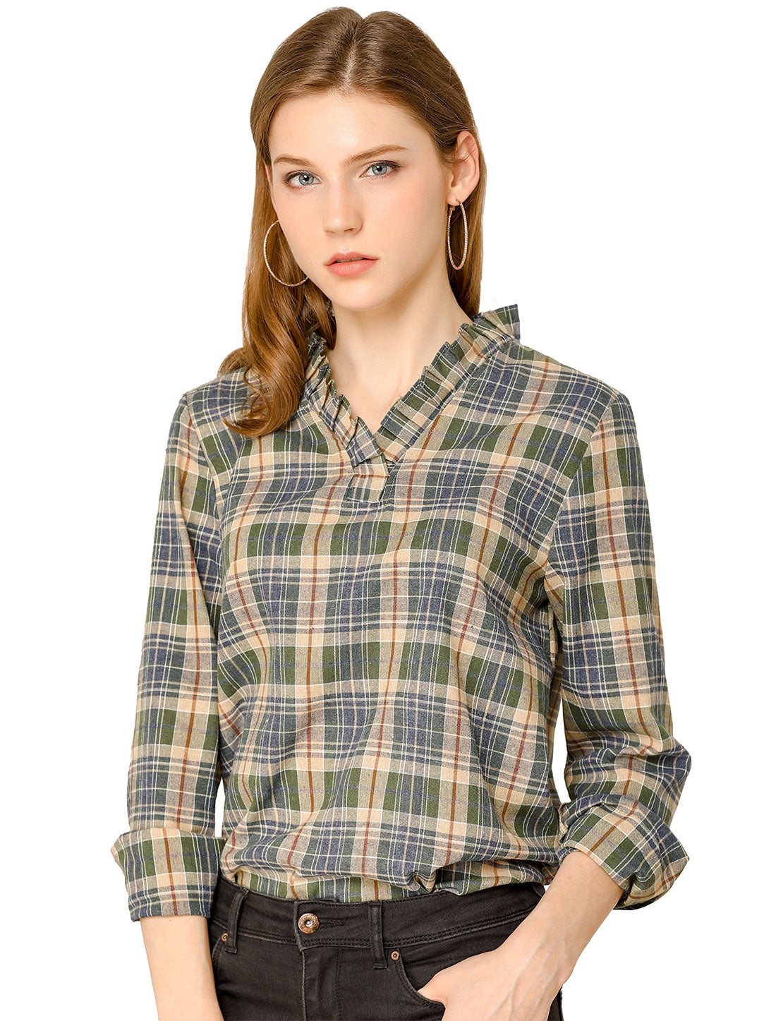 Women's Ruffle Collar Cotton Plaid Long Sleeve V Neck Blouse