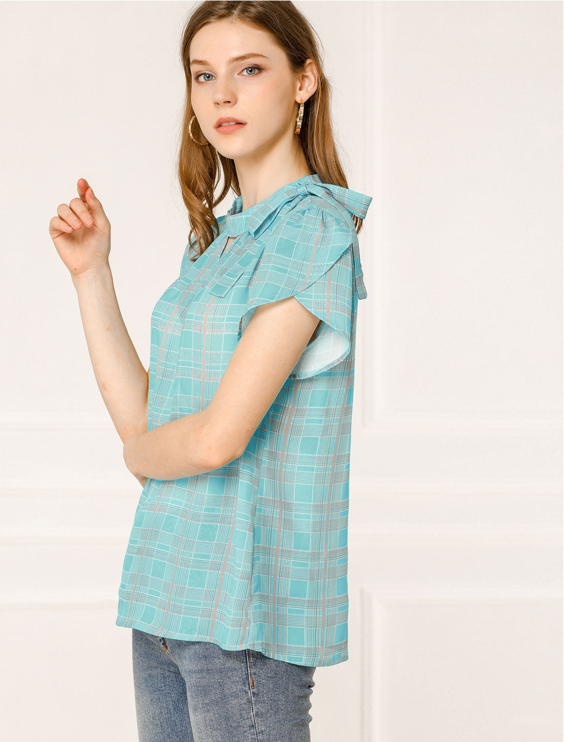 Women's Tulip Sleeve Side Bow Tie Decor Choker Neck Summer Casual Chiffon Plaid Blouse