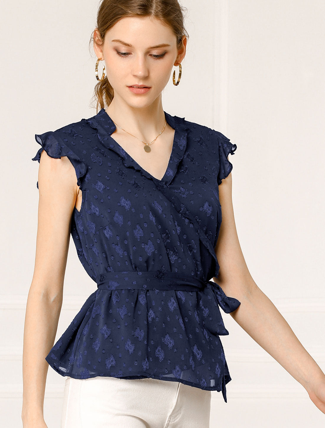 Women's V Neck Ruffle Sleeveless Peplum Faux Wrap Tie Blouse