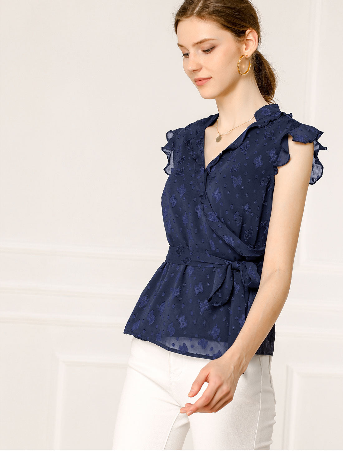 Women's V Neck Ruffle Sleeveless Peplum Faux Wrap Tie Blouse