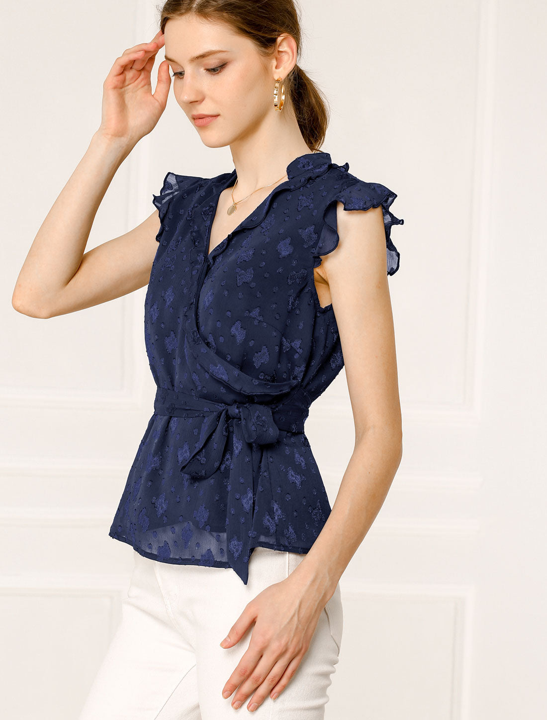 Women's V Neck Ruffle Sleeveless Peplum Faux Wrap Tie Blouse