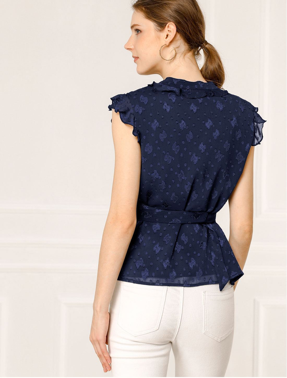 Women's V Neck Ruffle Sleeveless Peplum Faux Wrap Tie Blouse