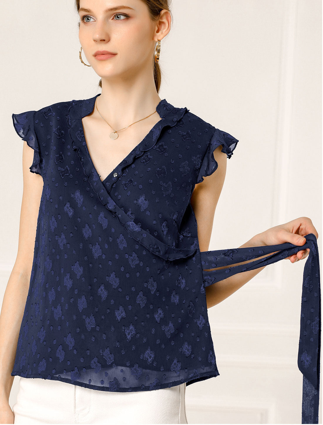 Women's V Neck Ruffle Sleeveless Peplum Faux Wrap Tie Blouse