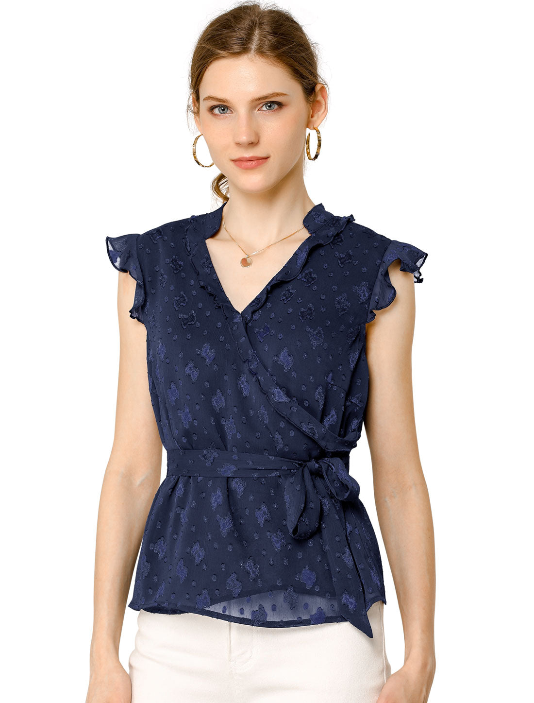 Women's V Neck Ruffle Sleeveless Peplum Faux Wrap Tie Blouse