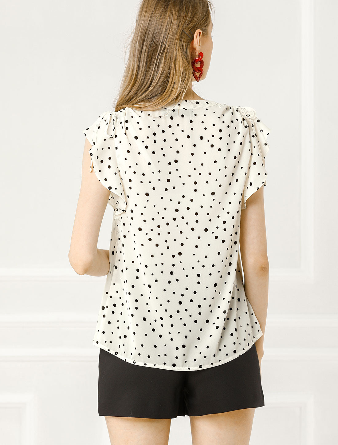 Women's Polka Dots Ruffle Chiffon V Neck Blouse Cap Sleeve Summer Top